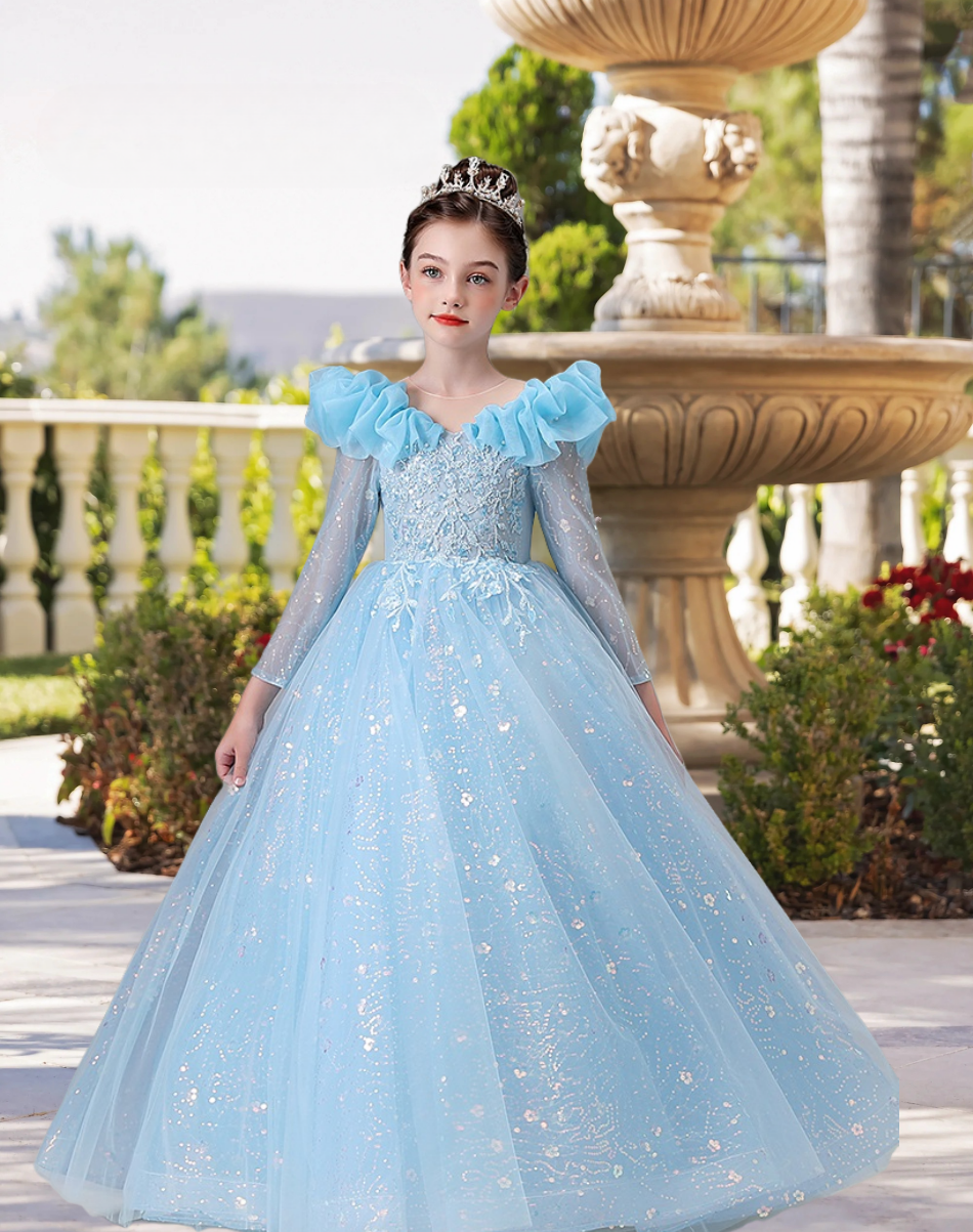 Scoop Neck Long Sleeve Floor-Length Lace/Tulle/Sequins Ball Gown/Princess With Appliques Girls Gidiondress