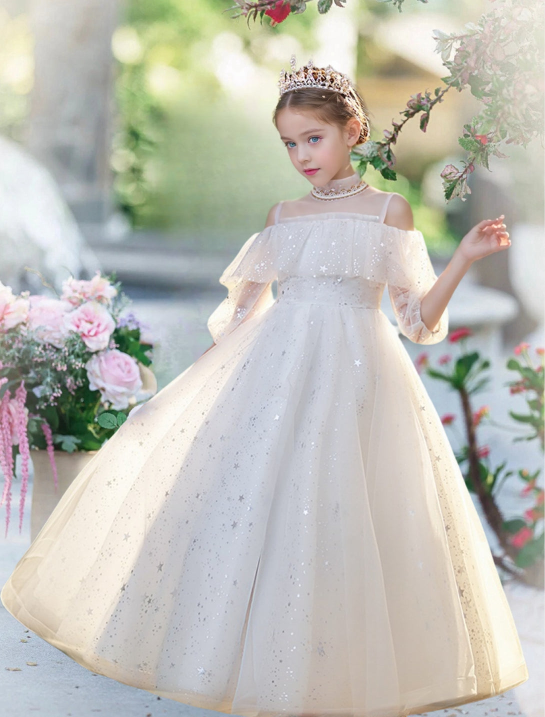 Princesss/Ball Gown Cold Shoulder Half Sleeve Floor-Length Satin/Tulle/Lace Holiday＆Christmas Dresses With Pleated/Satin Belt Girls Gidiondress as picture 12M