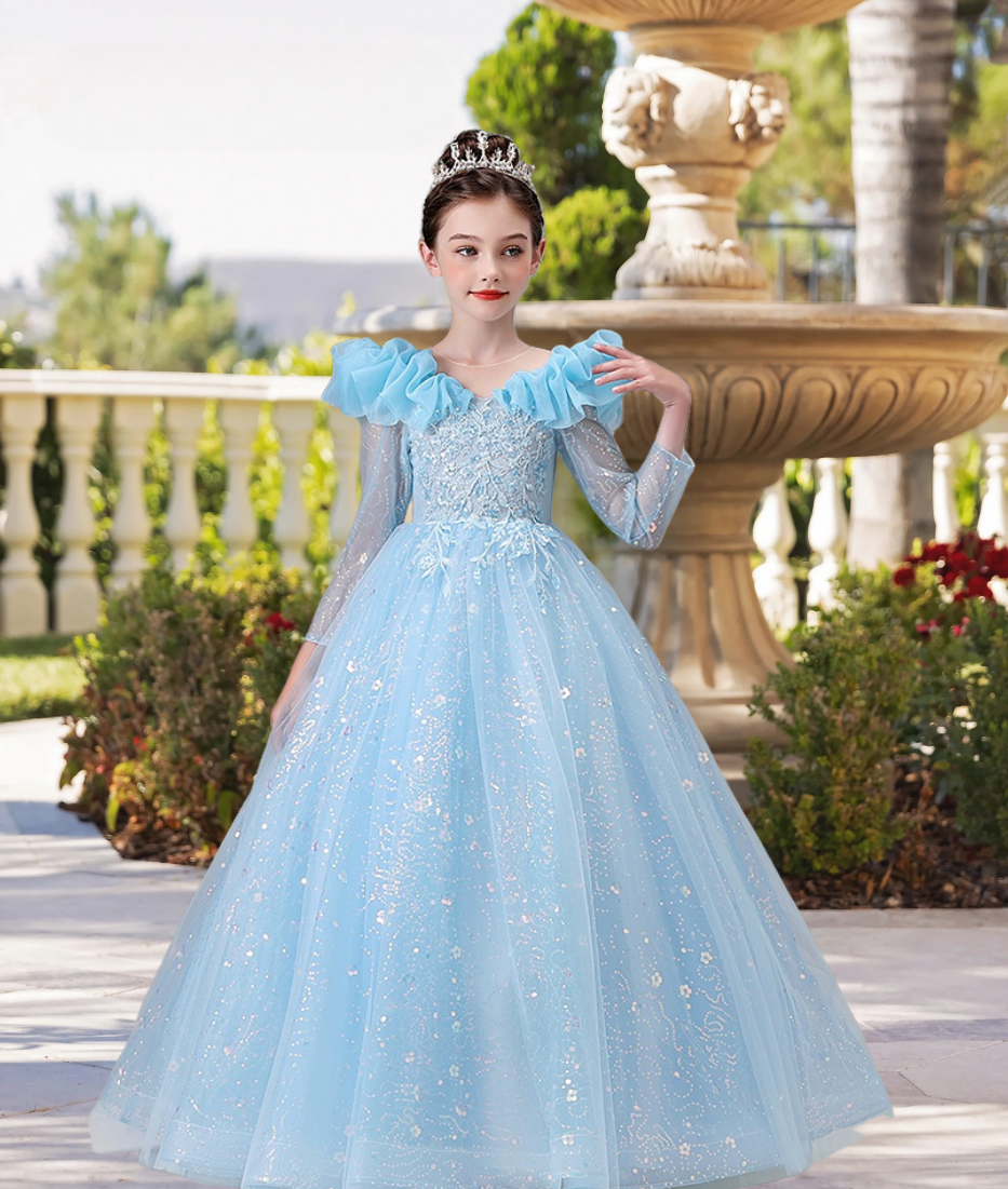 Scoop Neck Long Sleeve Floor-Length Lace/Tulle/Sequins Ball Gown/Princess With Appliques Girls Gidiondress Sky blue 12M