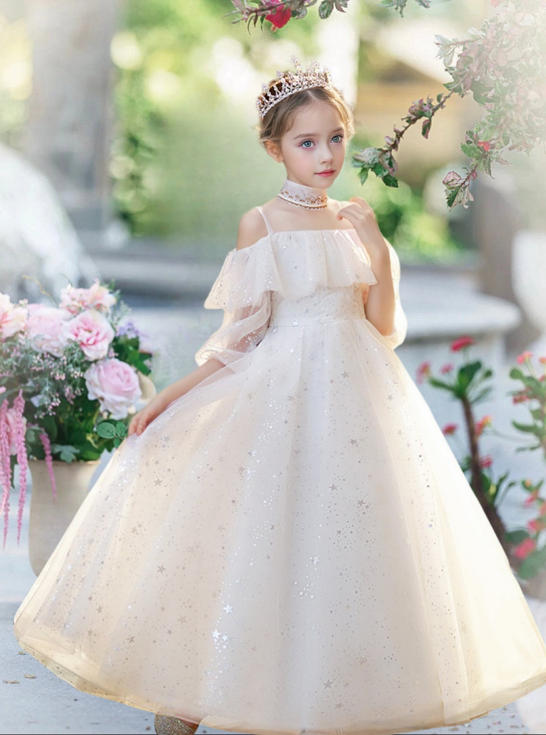Princesss/Ball Gown Cold Shoulder Half Sleeve Floor-Length Satin/Tulle/Lace Holiday＆Christmas Dresses With Pleated/Satin Belt Girls Gidiondress