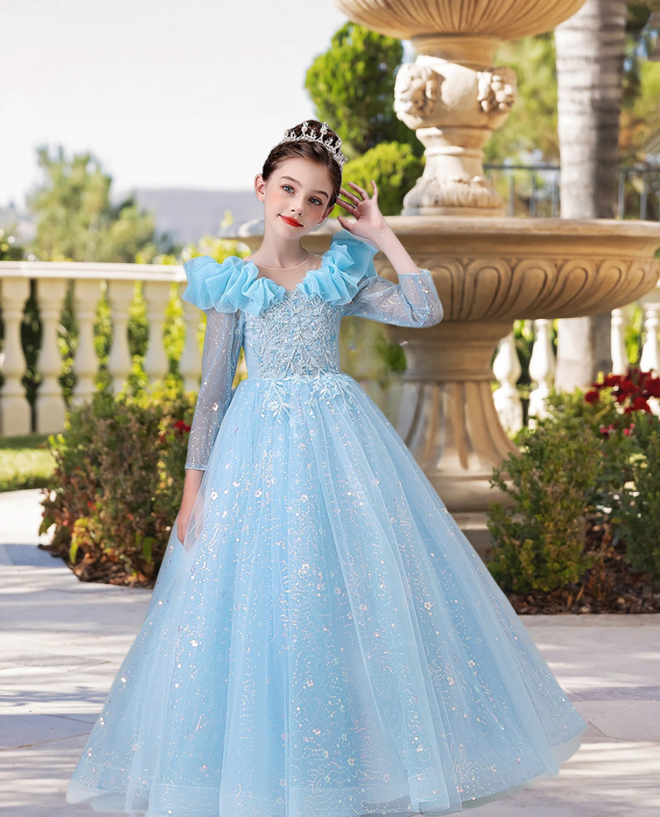 Scoop Neck Long Sleeve Floor-Length Lace/Tulle/Sequins Ball Gown/Princess With Appliques Girls Gidiondress