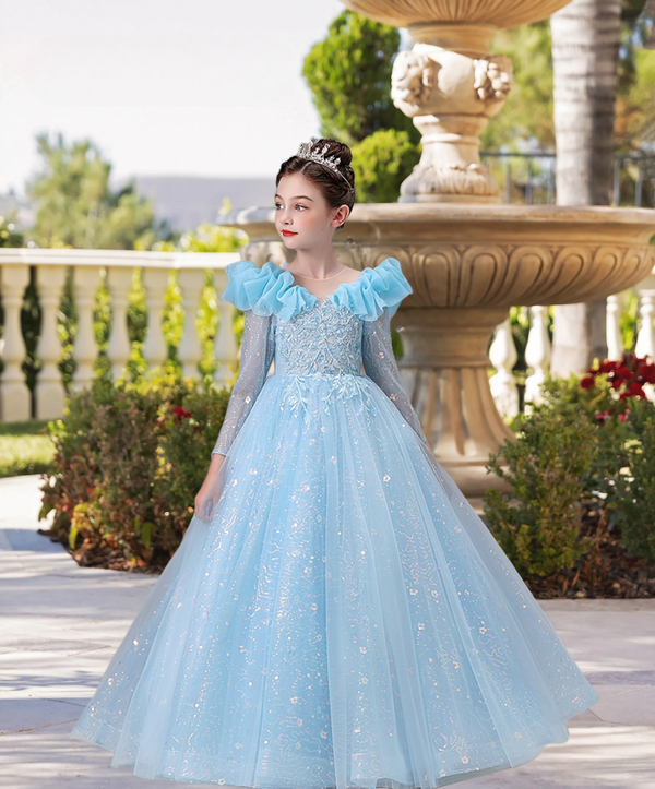 Scoop Neck Long Sleeve Floor-Length Lace/Tulle/Sequins Ball Gown/Princess With Appliques Girls Gidiondress