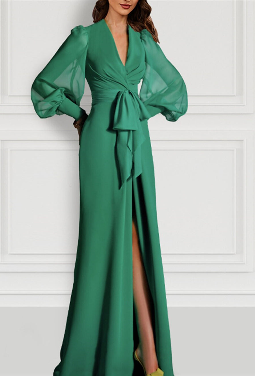 Mermaid/Trumpet Sweep/Brush Train Long Sleeve V Neck Mother Of The Bride Dress Elastic Chiffon With Slit Strappy BabaMila