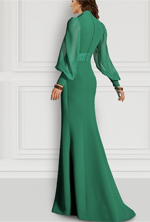 Mermaid/Trumpet Sweep/Brush Train Long Sleeve V Neck Mother Of The Bride Dress Elastic Chiffon With Slit Strappy BabaMila