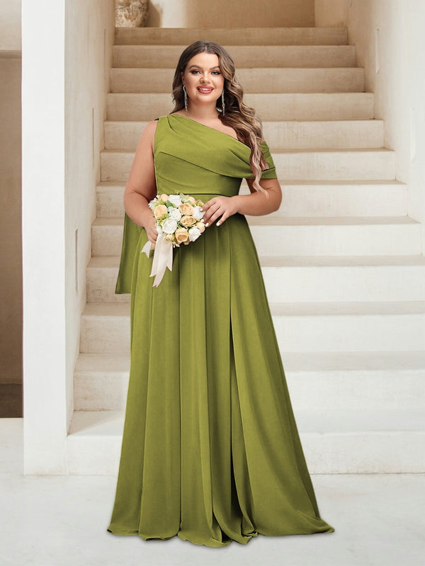 A-Line/Princess One-Shoulder Floor-Length Sleeveless Plus Size Bridesmaid Dresses BabaMila