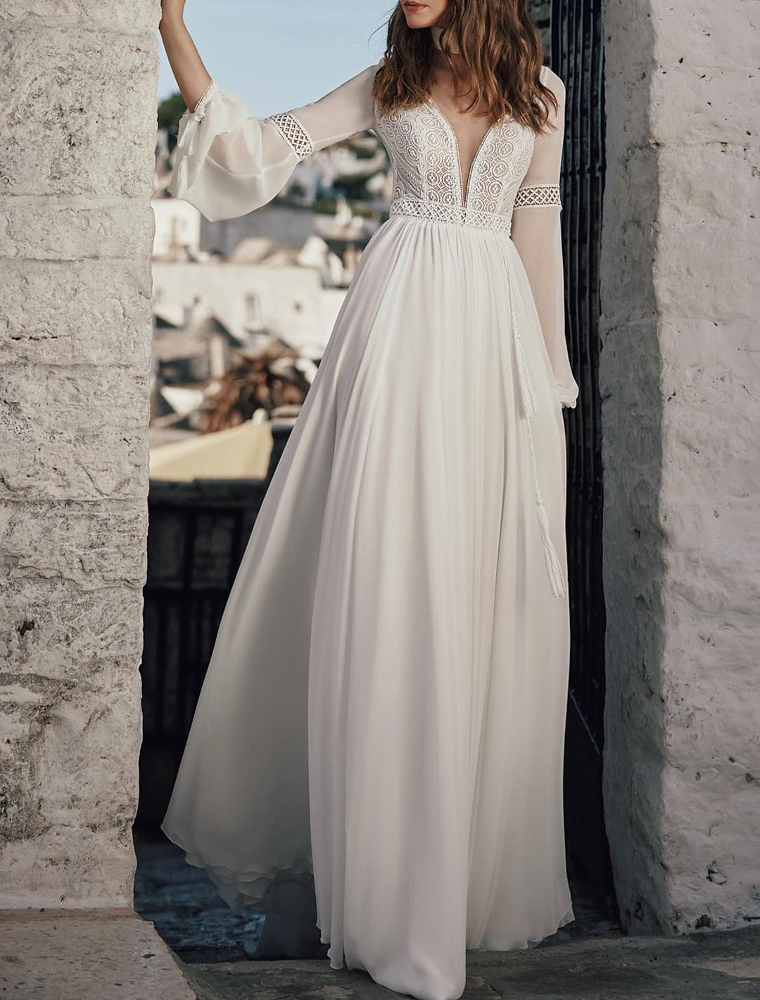 A-Line/Princess Applique V-Neck Floor-length Lace Wedding Dress BabaMila