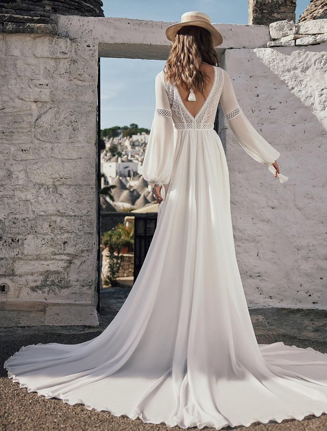 A-Line/Princess Applique V-Neck Floor-length Lace Wedding Dress BabaMila