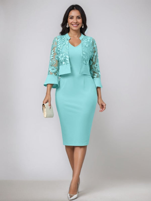 Sheath/Column V-Neck Tea-Length Mother Of The Bride Dresses With Appliques & Jacket BabaMila