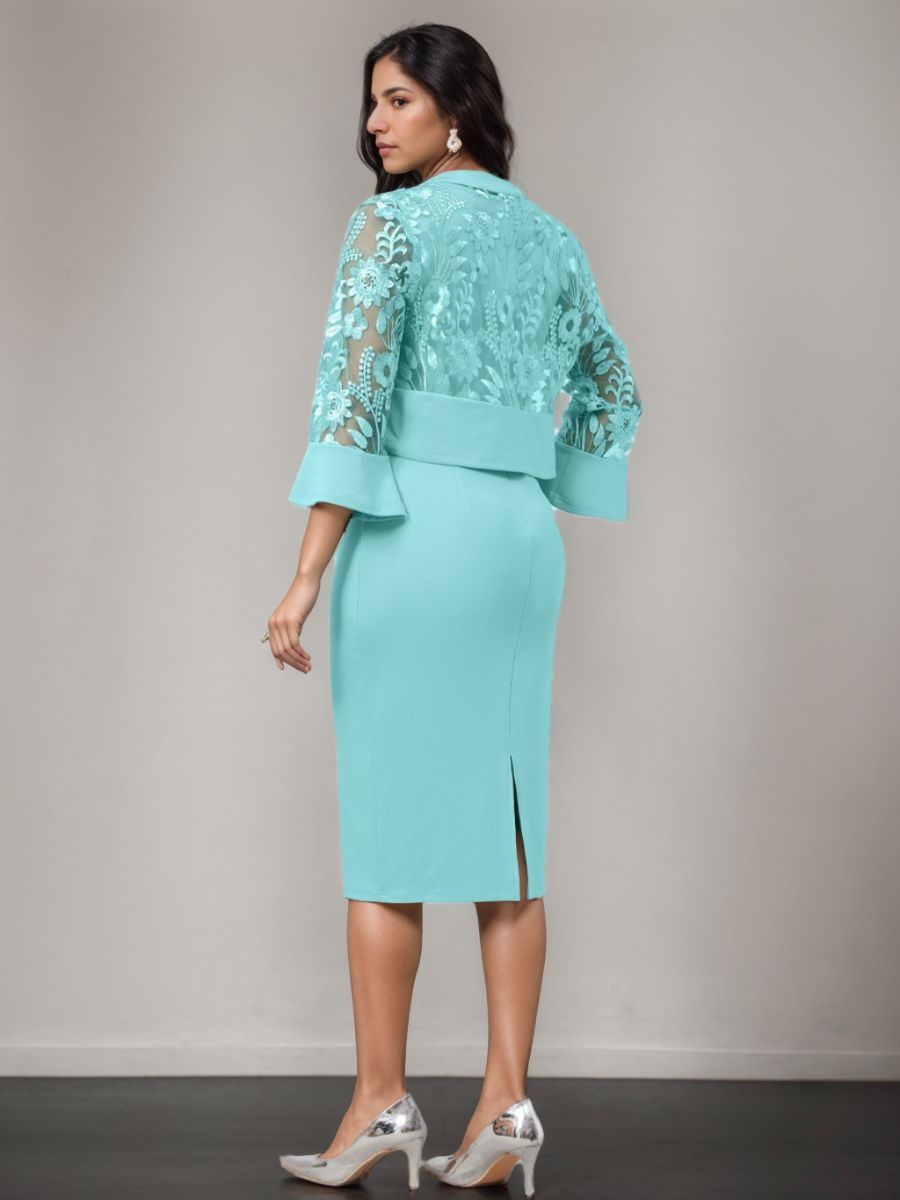 Sheath/Column V-Neck Tea-Length Mother Of The Bride Dresses With Appliques & Jacket BabaMila