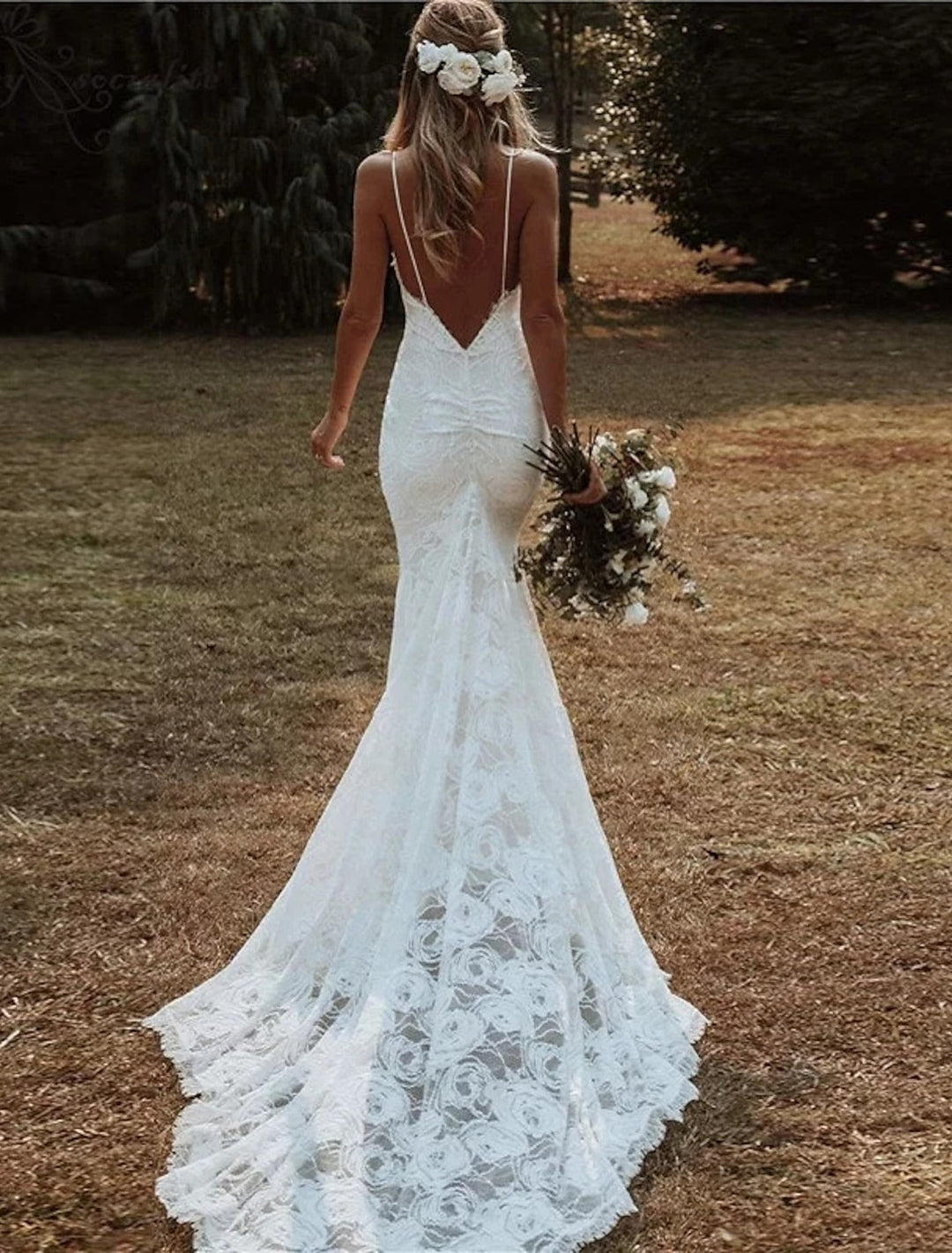 Trumpet/Mermaid Spaghetti Straps Sweep Train Lace Wedding Dress BabaMila