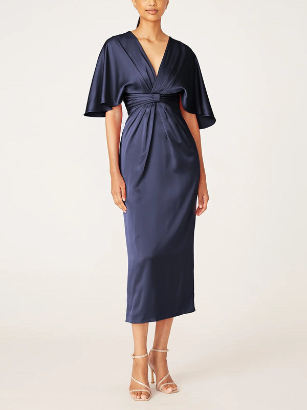 Sheath/Column V-Neck Half Sleeves Tea-Length Mother Of The Bride Dress With Ruffles BabaMila