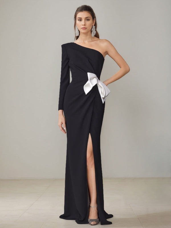 Sheath/Column One-Shoulder Floor-Length Mother Of The Bride Dresses With Split Side & Bowknot BabaMila