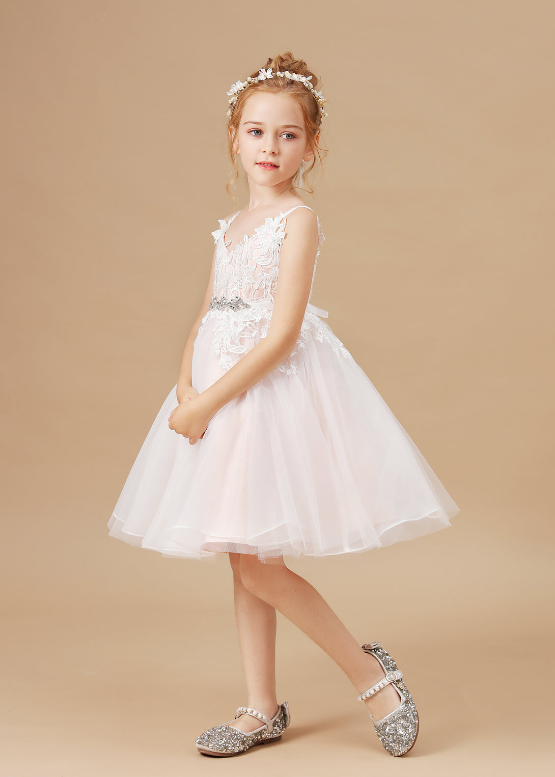 Princess V-Neck Spaghetti Straps Knee-Length Tulle/Lace/Satin Flower Girl Dresses/Girls Birthday Dresses With Beads Ribbon/Appliques Girls Gidiondress