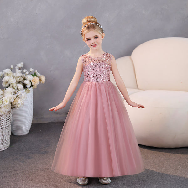 Girls Birthday Dresses Scoop Neck Sleeveless Satin/Tulle Floor-Length Party Dresses With Sequins/Bow Girls Gidiondress