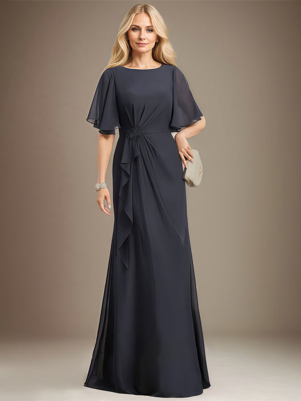 A-Line Boat Neck Flutter Straps Floor-Length Chiffon Mother of the Bride Dress With Cascading Ruffles/Beads BabaMila
