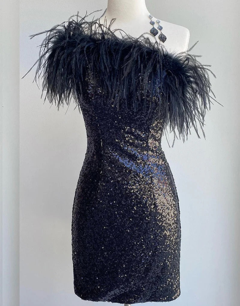 Sheath/Column One-Shoulder Sleeveless Short/Mini Party Dance Cocktail Homecoming Dress With Feathers BabaMila