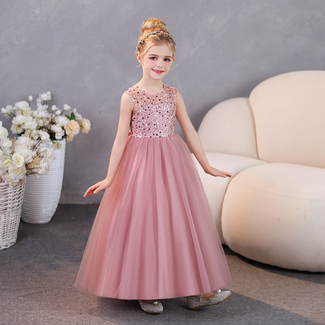 Girls Birthday Dresses Scoop Neck Sleeveless Satin/Tulle Floor-Length Party Dresses With Sequins/Bow Girls Gidiondress As picture 12M