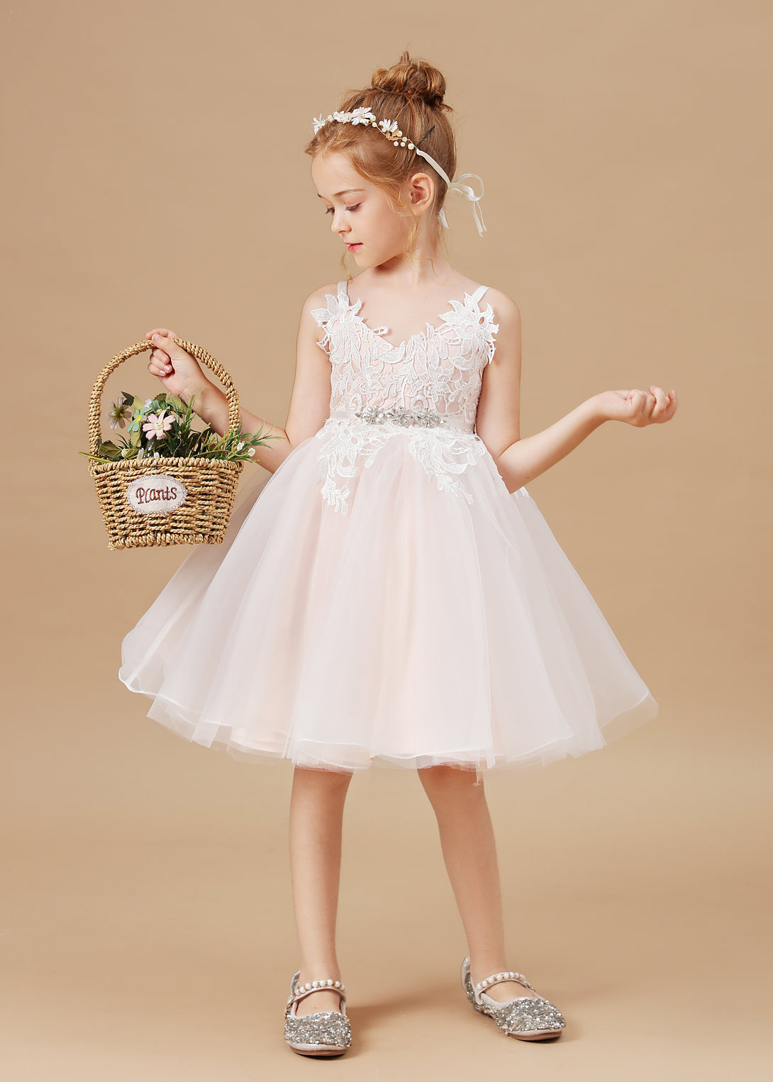 Princess V-Neck Spaghetti Straps Knee-Length Tulle/Lace/Satin Flower Girl Dresses/Girls Birthday Dresses With Beads Ribbon/Appliques Girls Gidiondress