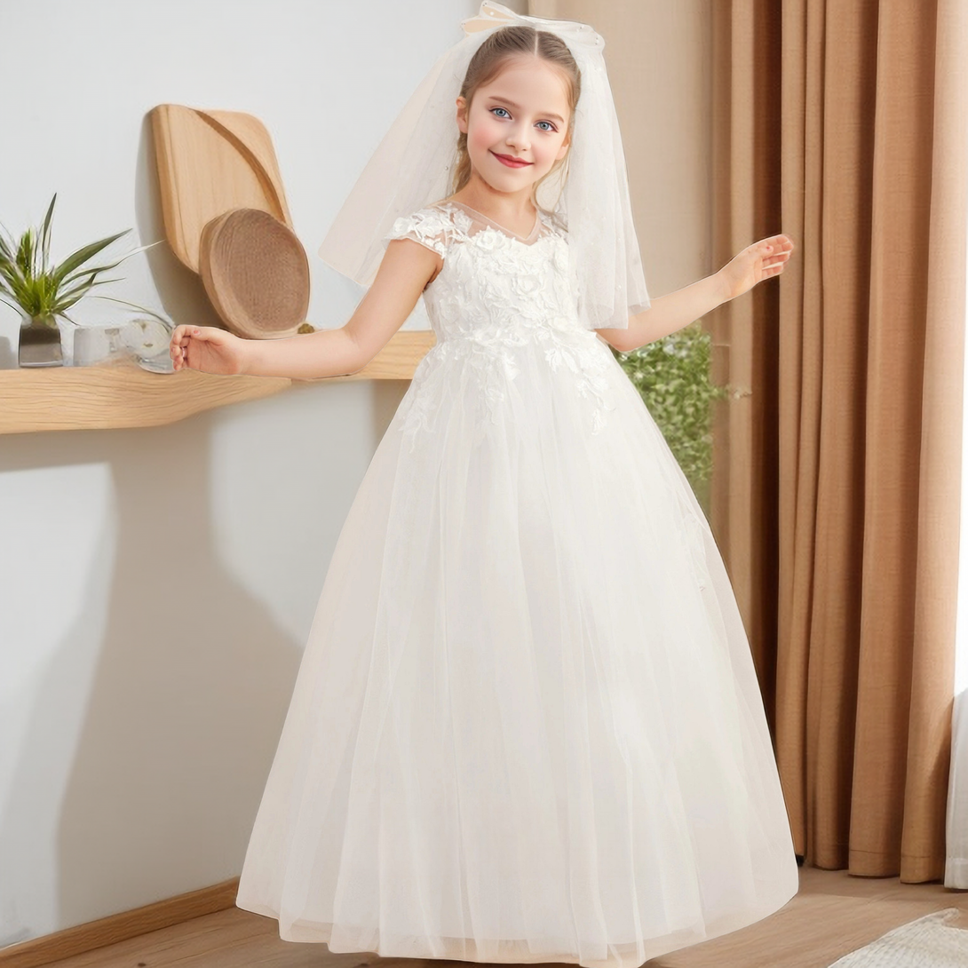3D Flower V Neck Sleeveless Lace Dresses Girls Gidiondress