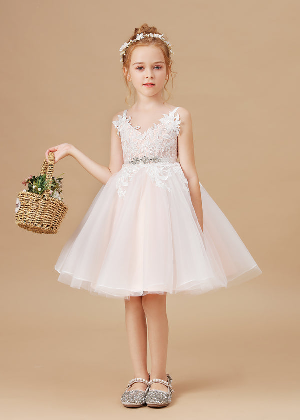 Princess V-Neck Spaghetti Straps Knee-Length Tulle/Lace/Satin Flower Girl Dresses/Girls Birthday Dresses With Beads Ribbon/Appliques Girls Gidiondress