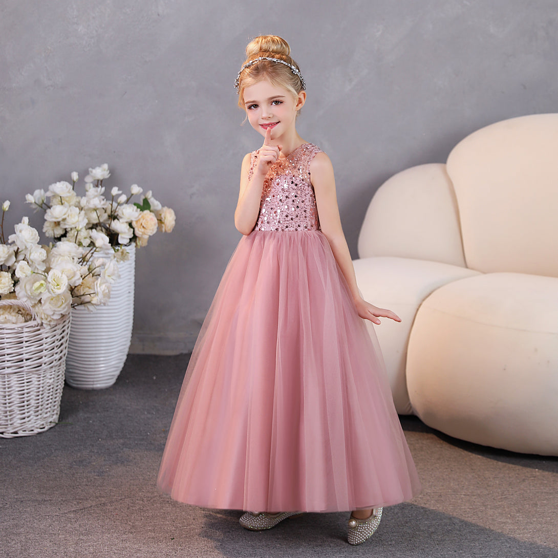 Girls Birthday Dresses Scoop Neck Sleeveless Satin/Tulle Floor-Length Party Dresses With Sequins/Bow Girls Gidiondress