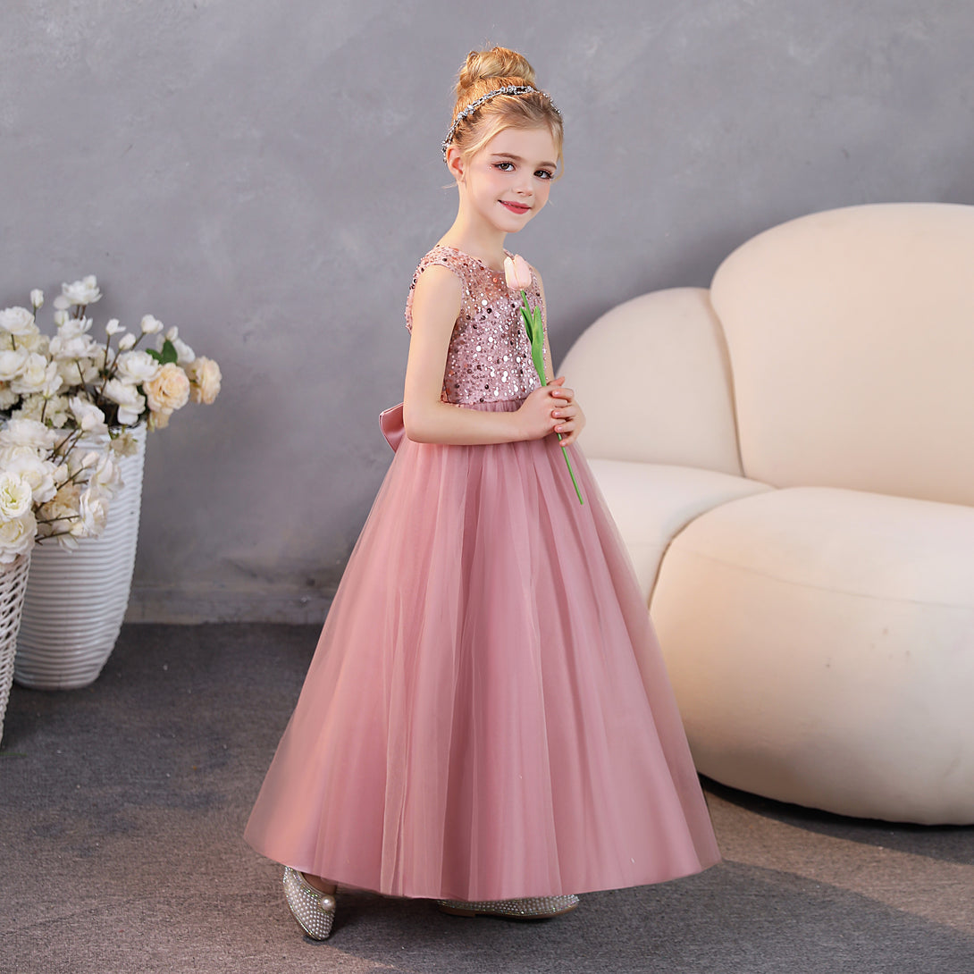 Girls Birthday Dresses Scoop Neck Sleeveless Satin/Tulle Floor-Length Party Dresses With Sequins/Bow Girls Gidiondress