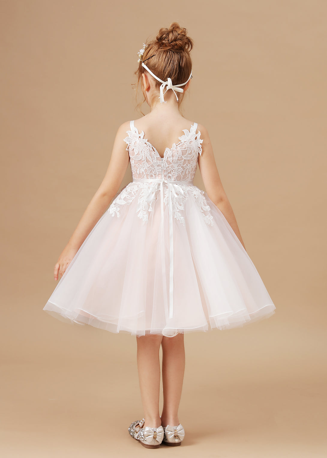 Princess V-Neck Spaghetti Straps Knee-Length Tulle/Lace/Satin Flower Girl Dresses/Girls Birthday Dresses With Beads Ribbon/Appliques Girls Gidiondress