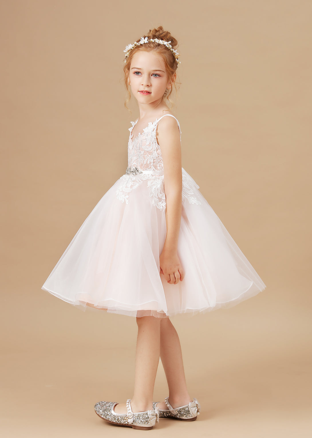 Princess V-Neck Spaghetti Straps Knee-Length Tulle/Lace/Satin Flower Girl Dresses/Girls Birthday Dresses With Beads Ribbon/Appliques Girls Gidiondress