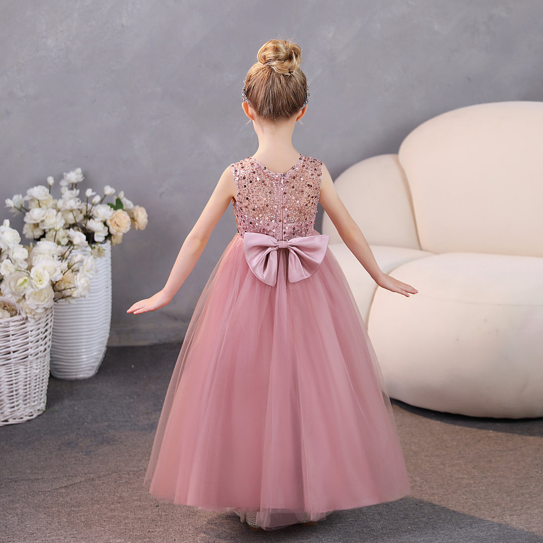 Girls Birthday Dresses Scoop Neck Sleeveless Satin/Tulle Floor-Length Party Dresses With Sequins/Bow Girls Gidiondress