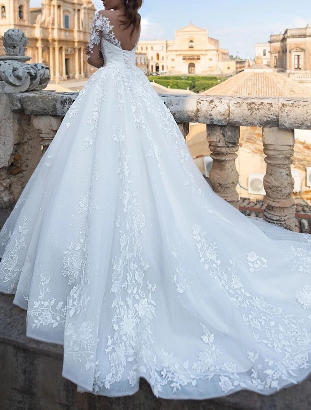 Ball Gown V-Neck Floor-length Lace up Wedding Dress With Applique BabaMila