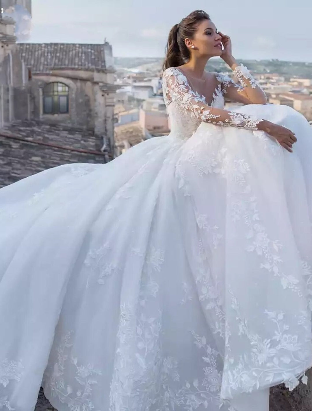 Ball Gown V-Neck Floor-length Lace up Wedding Dress With Applique BabaMila