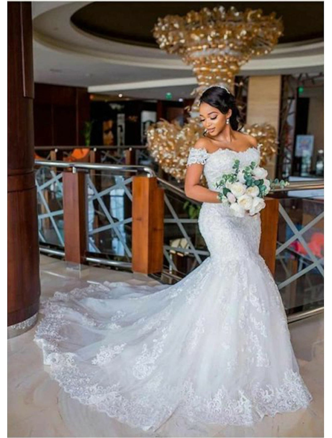 Trumpet/Mermaid Off-the-Shoulder Court Train Lace Wedding Dress With Applique BabaMila