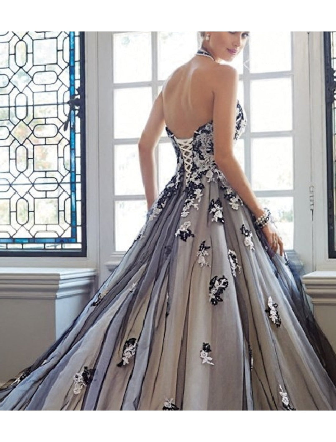 Ball Gown Strapless Cascading Ruffles Floor-length Lace Applique Wedding Dress BabaMila