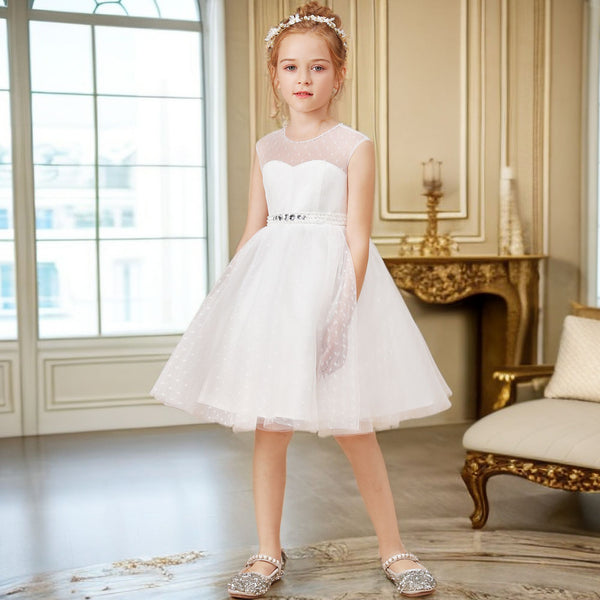 A-line Sleeveless Scoop Neck Knee-Length Ivory Polka Dots Lace Tulle Flower Girl Dresses With Removable Beads Belt Girls Gidiondress