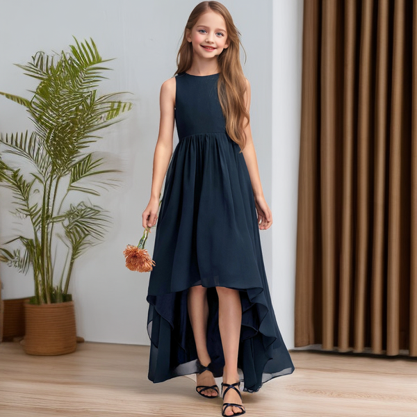 Asymmetrical Boat Neck Sleeveless Chiffon Junior Bridesmaid Dress/Girls Birthday Dresses With Pleated Girls Gidiondress