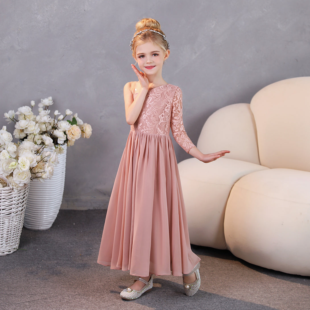 Girls Birthday Dresses One-Shoulder Long Sleeve Lace/Chiffon Floor-Length Junior Bridesmaid Dress/Party Dresses With Lace/Pleated Girls Gidiondress as picture 12M
