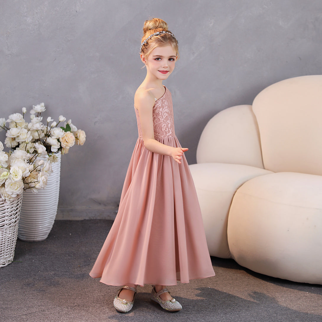 Girls Birthday Dresses One-Shoulder Long Sleeve Lace/Chiffon Floor-Length Junior Bridesmaid Dress/Party Dresses With Lace/Pleated Girls Gidiondress