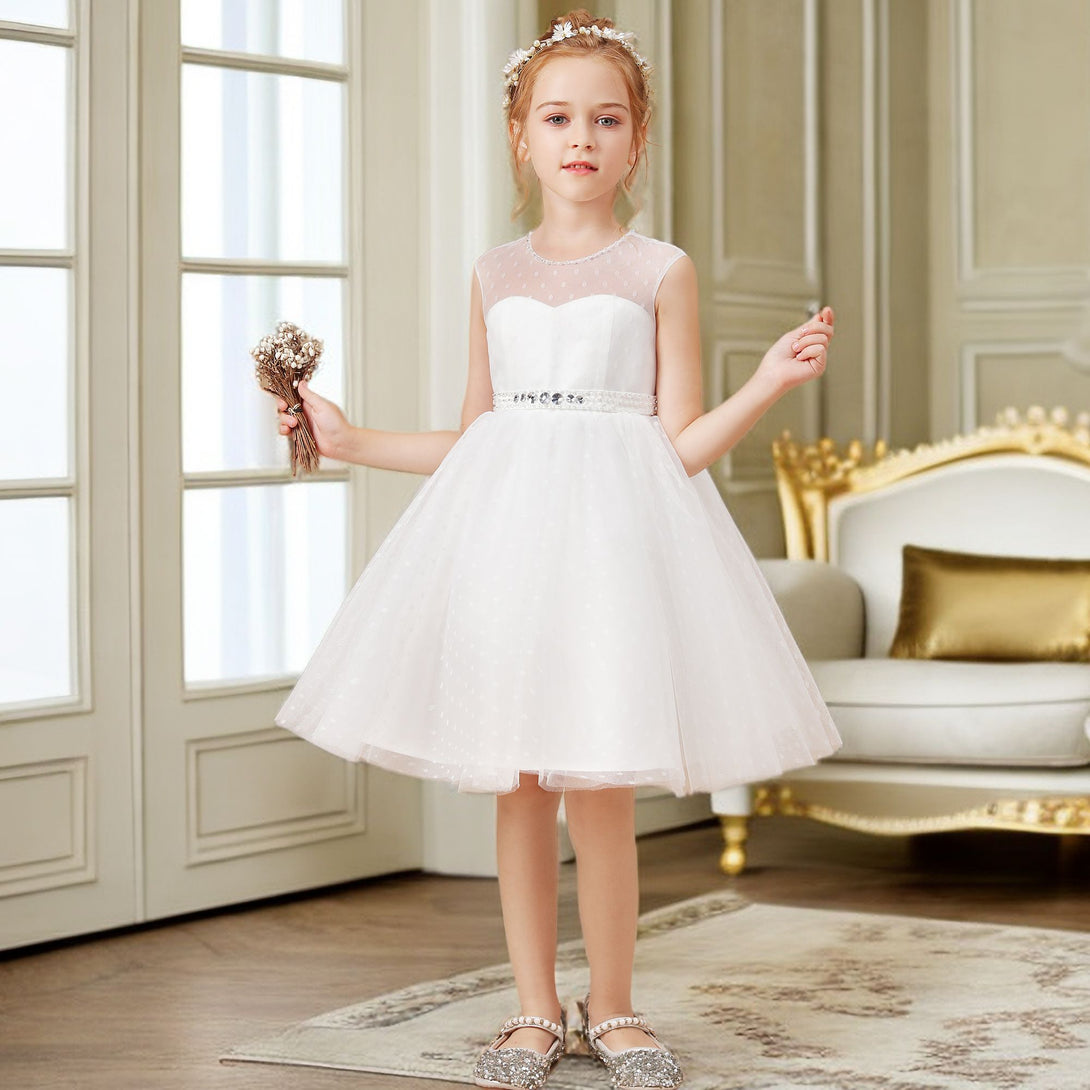 A-line Sleeveless Scoop Neck Knee-Length Ivory Polka Dots Lace Tulle Flower Girl Dresses With Removable Beads Belt Girls Gidiondress