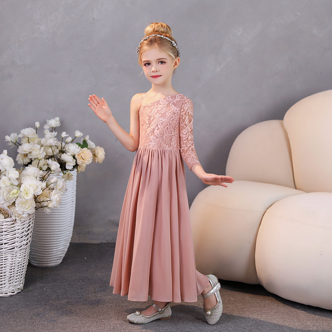 Girls Birthday Dresses One-Shoulder Long Sleeve Lace/Chiffon Floor-Length Junior Bridesmaid Dress/Party Dresses With Lace/Pleated Girls Gidiondress