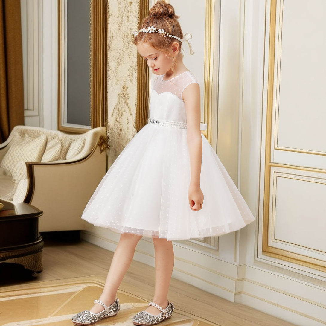 A-line Sleeveless Scoop Neck Knee-Length Ivory Polka Dots Lace Tulle Flower Girl Dresses With Removable Beads Belt Girls Gidiondress