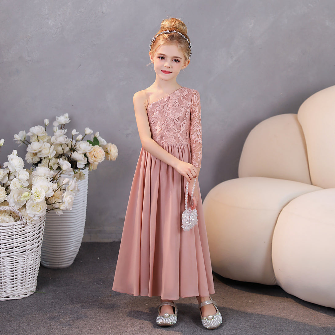 Girls Birthday Dresses One-Shoulder Long Sleeve Lace/Chiffon Floor-Length Junior Bridesmaid Dress/Party Dresses With Lace/Pleated Girls Gidiondress