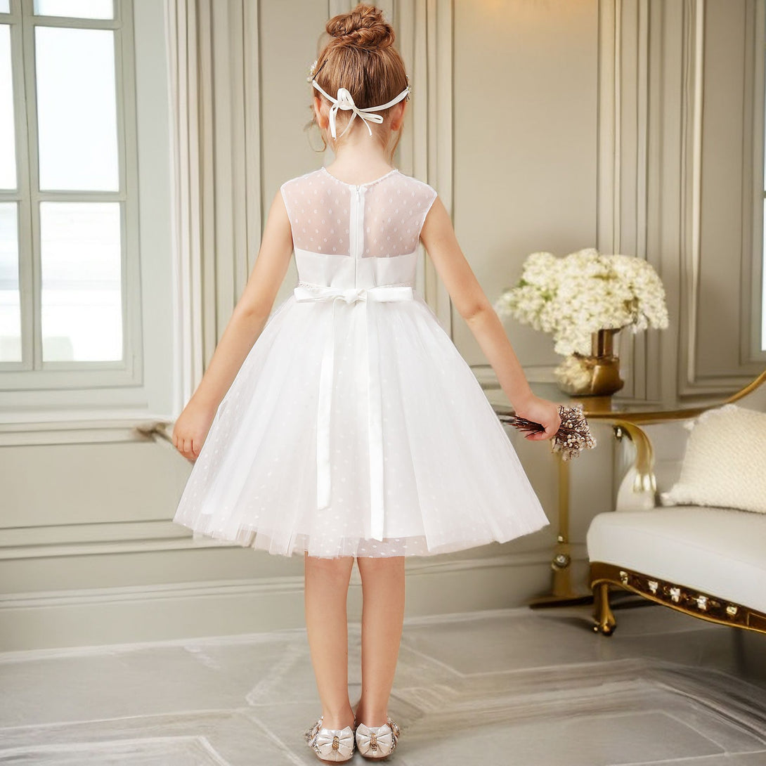 A-line Sleeveless Scoop Neck Knee-Length Ivory Polka Dots Lace Tulle Flower Girl Dresses With Removable Beads Belt Girls Gidiondress