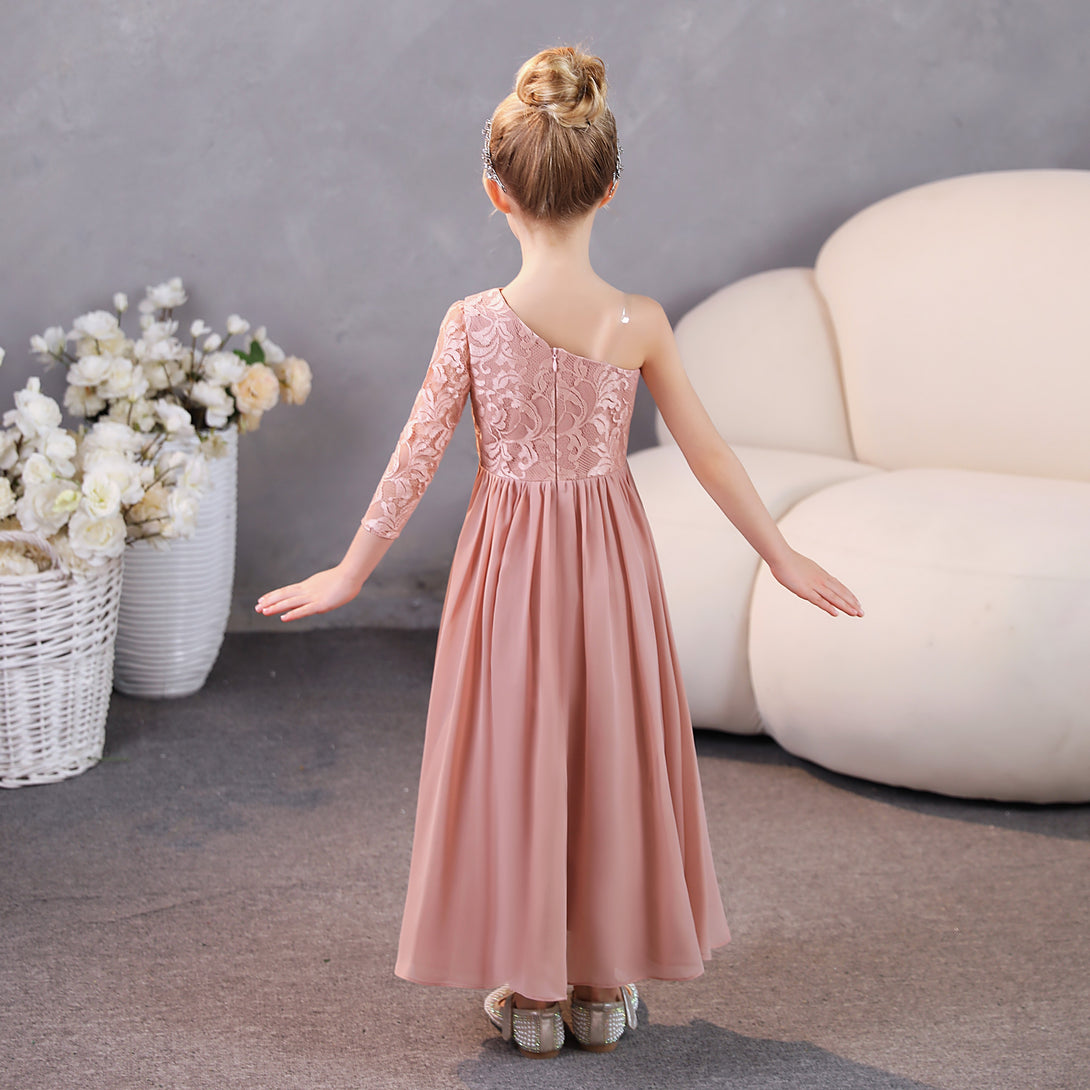 Girls Birthday Dresses One-Shoulder Long Sleeve Lace/Chiffon Floor-Length Junior Bridesmaid Dress/Party Dresses With Lace/Pleated Girls Gidiondress