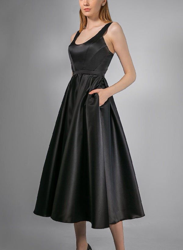 A-Line/Princess Round Neck Tea-Length Wedding Dress With Pockets BabaMila