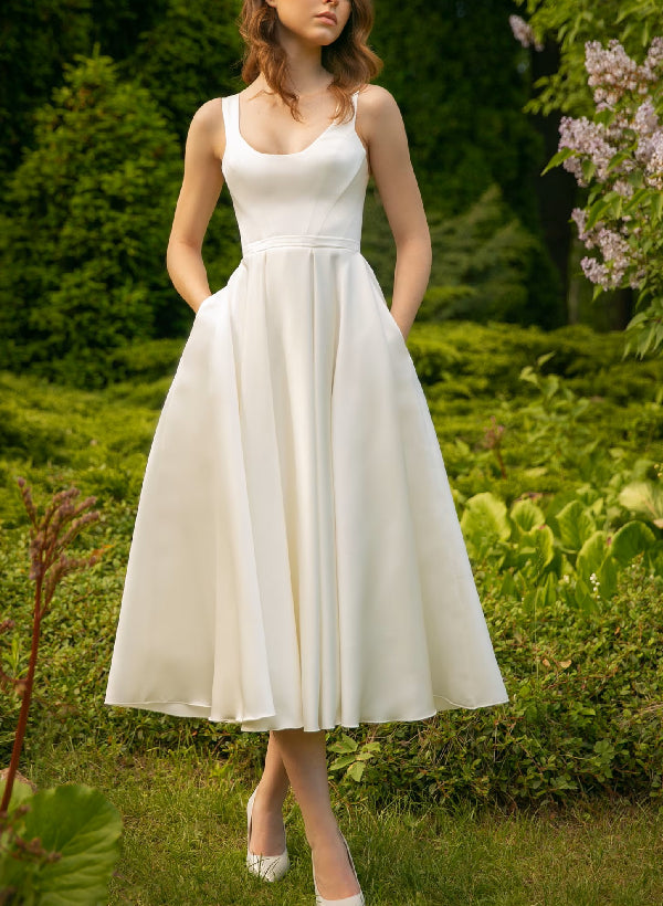 A-Line/Princess Round Neck Tea-Length Wedding Dress With Pockets BabaMila