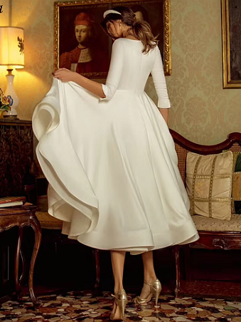A-Line/Princess V-Neck 3/4 Sleeves Tea-Length Wedding Dress BabaMila