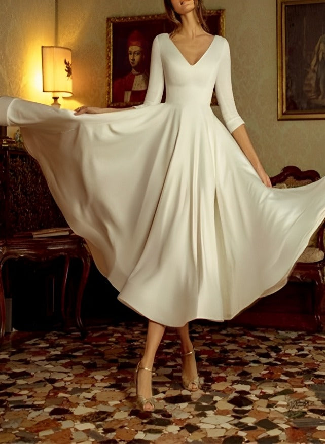 A-Line/Princess V-Neck 3/4 Sleeves Tea-Length Wedding Dress BabaMila