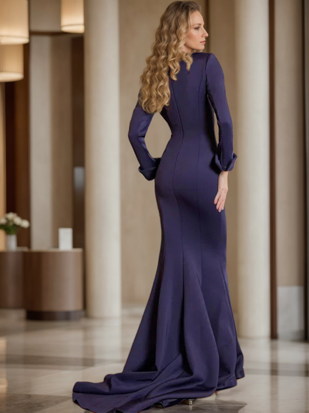 Sheath/Column V-Neck Long Sleeves Floor-Length Mother Of The Bride Dresses With Pleats BabaMila
