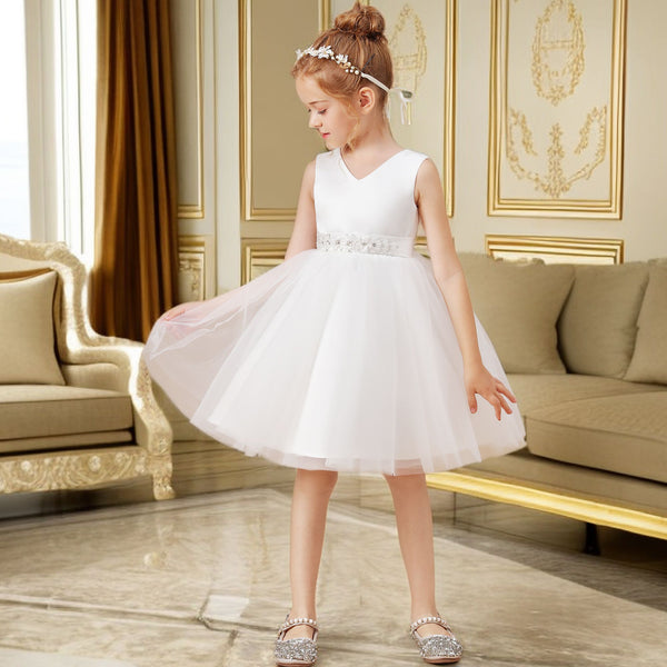 A-line V-Neck Knee-Length Satin/Tulle Ivory Flower Girl Dress With Bead Belt Girls Gidiondress