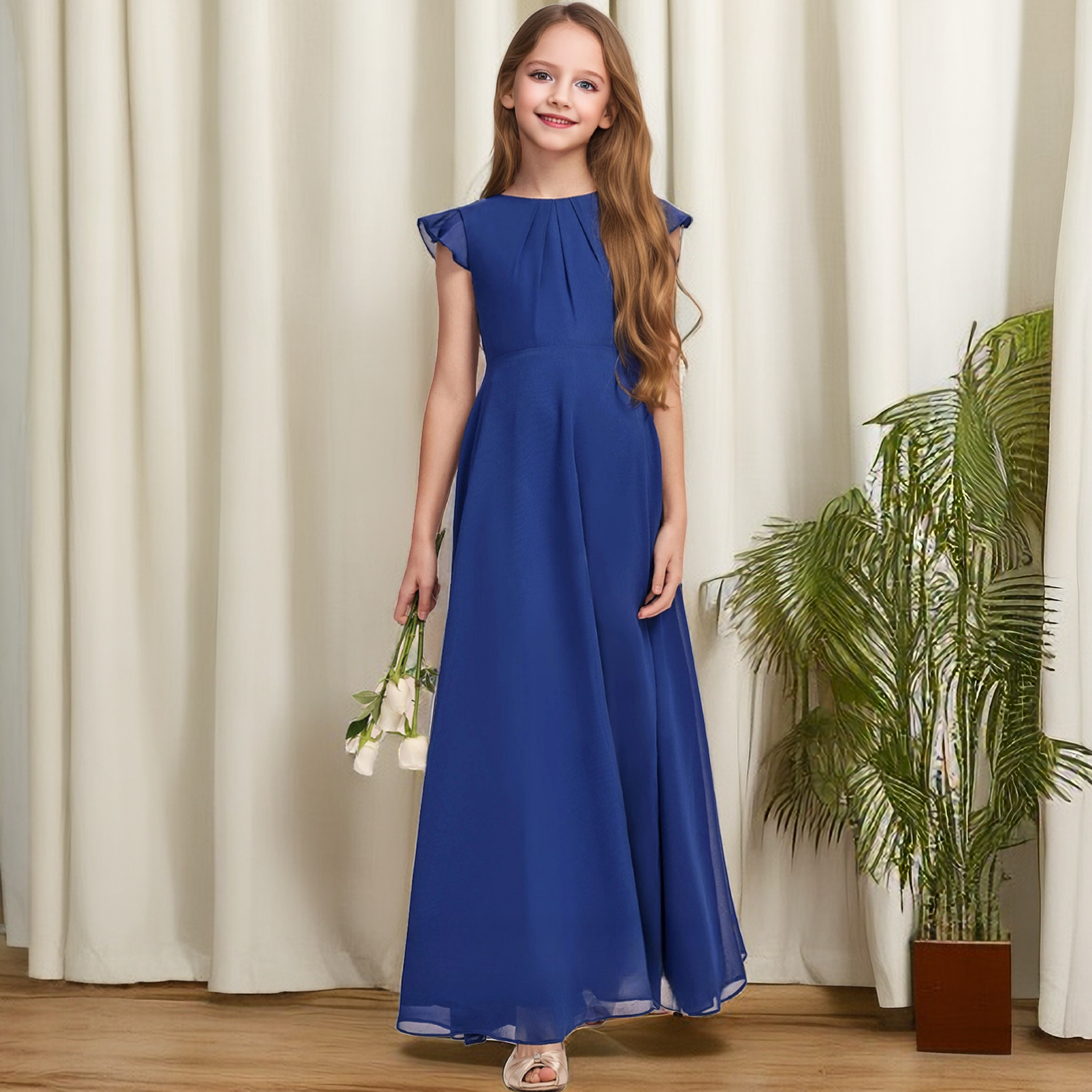 A-Line Boat Neck Flutter Straps Chiffon Floor length Junior Bridesmaid Dress/Girls Birthday Dresses With Pleated Girls Gidiondress